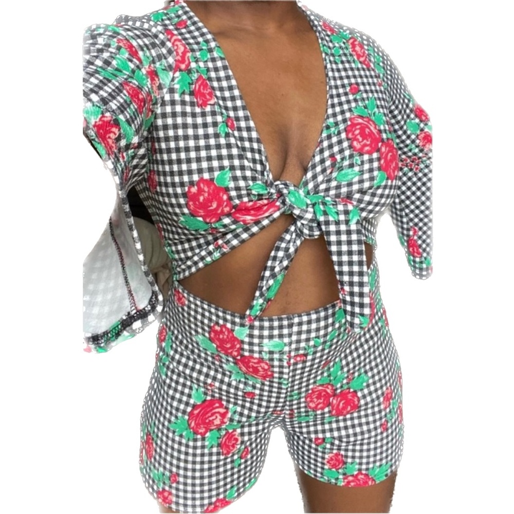 Gingham Floral Romper - Picture 1 of 8